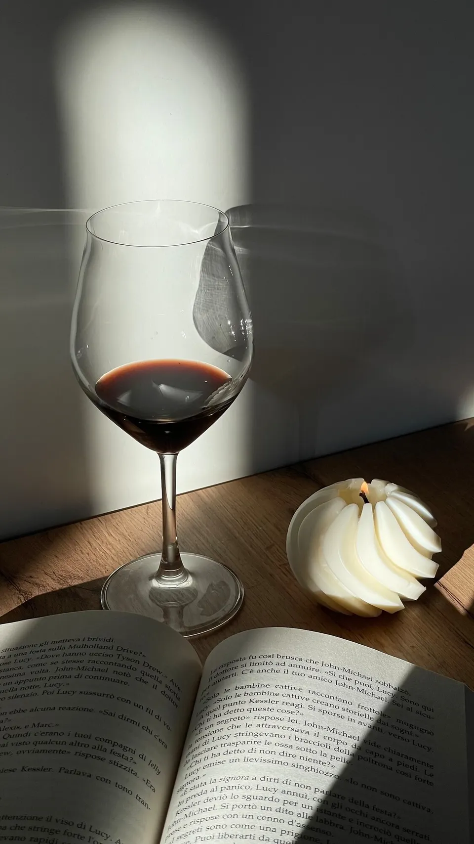 Una candela Alba accesa accanto a un calice di vino e a un libro aperto, nella luce radente della finestra
